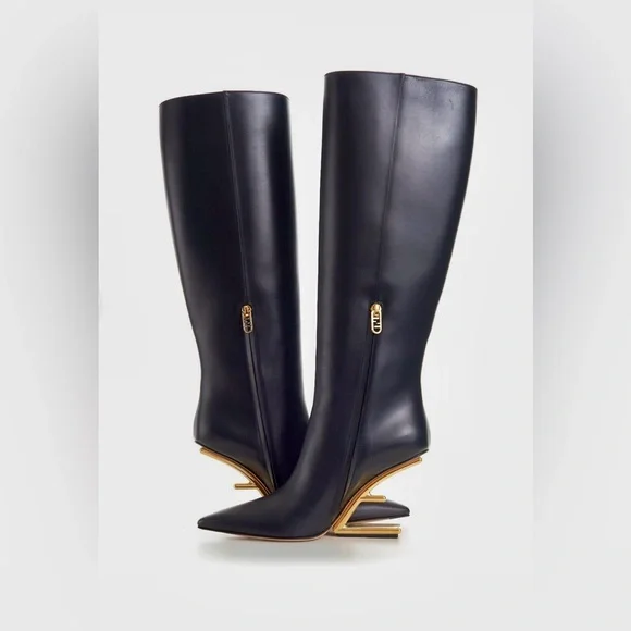 Fendi Calfskin F-Heel Tall Boots -
Black - Picture 4 of 7